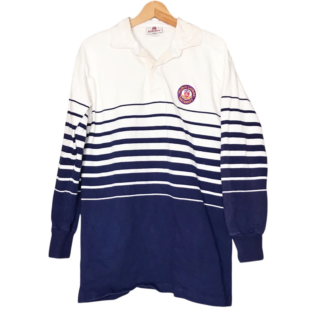 Large Wilfrid Laurier Unisex Knit Heavyweight Rugby Shirt Top Stripes University
